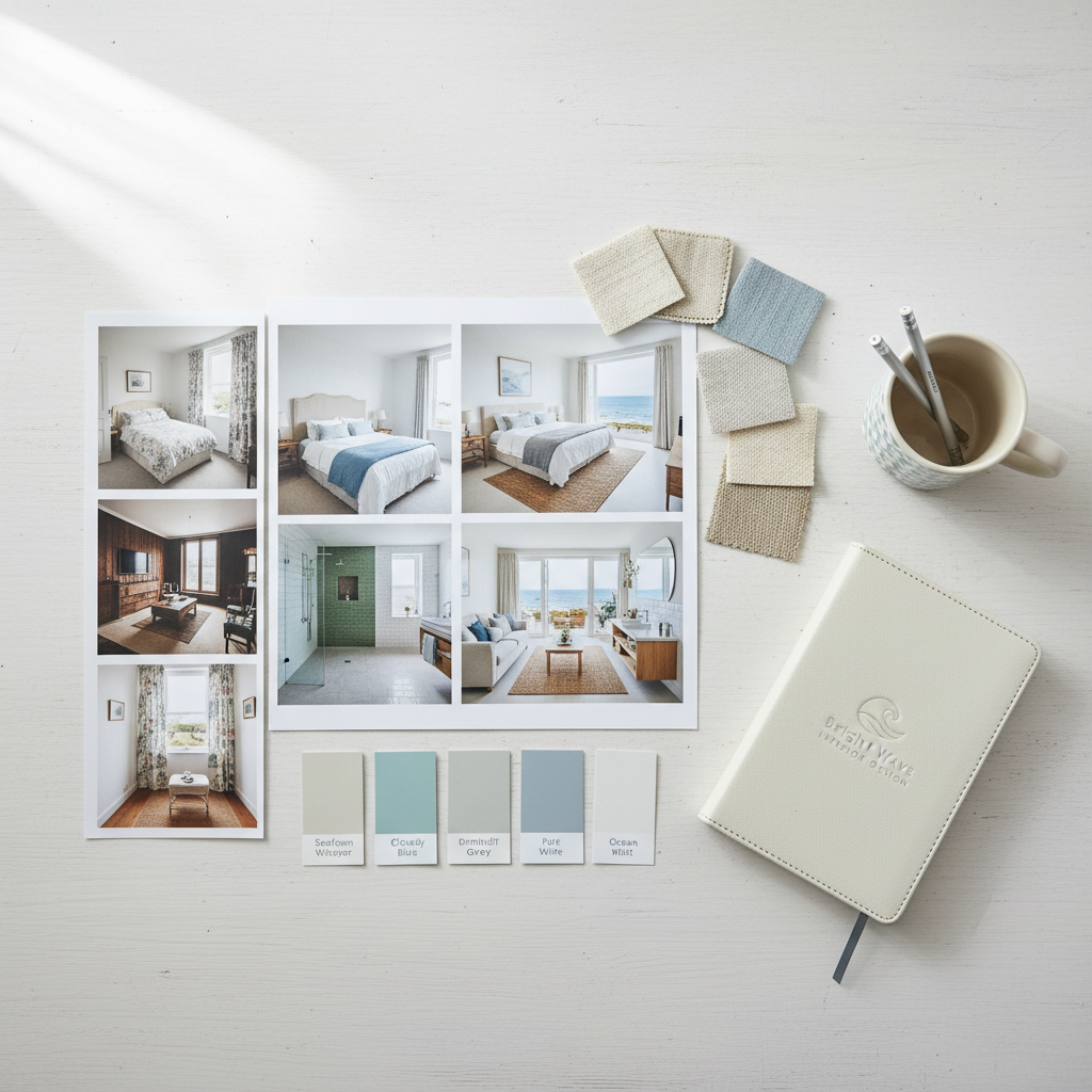 An elegant before-and-after interior design concept board laid out on a whitewashed wooden table, showcasing small printed photographs of dated holiday rental rooms beside vibrant, professionally redesigned spaces. Surrounding the photos are fabric swatches in coastal neutrals, paint sample cards in soft whites and muted blues, and a closed notebook with a discreet embossed logo reading “Bright Wave Interior Design.” Soft overhead daylight from a nearby window creates even, diffused illumination with minimal shadows. Shot from a directly overhead bird’s-eye view with sharp focus and a minimalist composition, the image exudes professionalism, clarity, and transformation, highlighting the process of uplifting short-stay accommodation through thoughtful, cohesive design choices in a realistic photographic style.